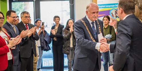 Lord Mayor, Nial Ring being congratulated after delivering his speech by Shane Ormsby, College Director, IBAT College Dublin
